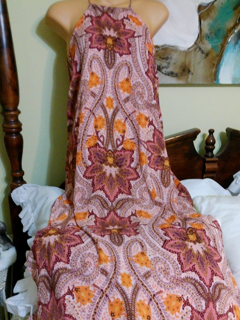 GB Paisley Sheer Side Slits Sheer Lined Boho NWT Long Flowy Maxi Dress SIZE SM - Picture 6 of 7